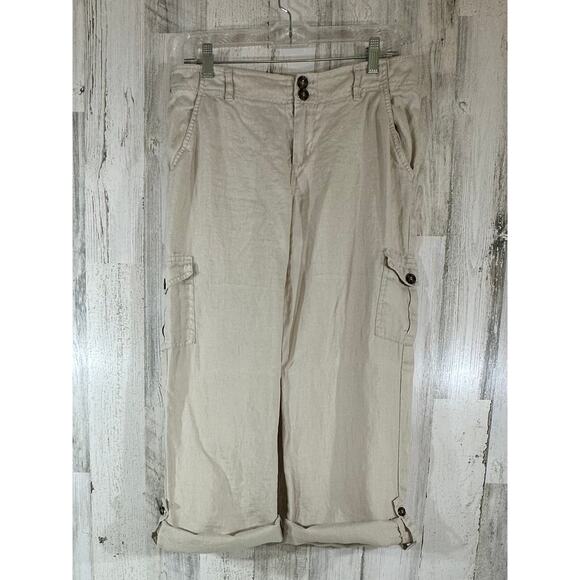 Cynthia Rowley Pants Size 6 (31x31.5) Beige Wide Leg Cargo 100% Linen Roll Tab - Picture 3 of 11
